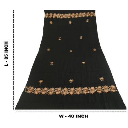 Sanskriti Vintage Long Black Pure Woollen Shawl Hand Embroidered Scarf Stole