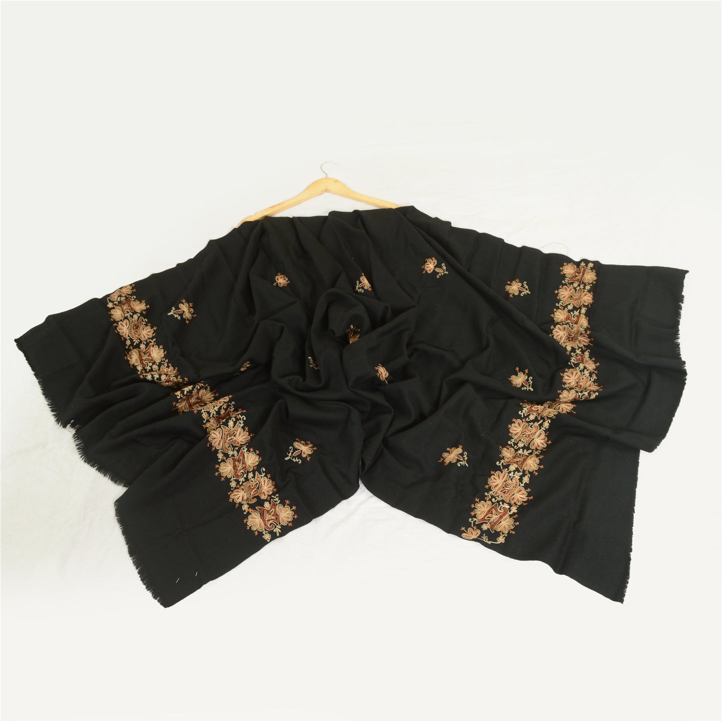 Sanskriti Vintage Long Black Pure Woollen Shawl Hand Embroidered Scarf Stole