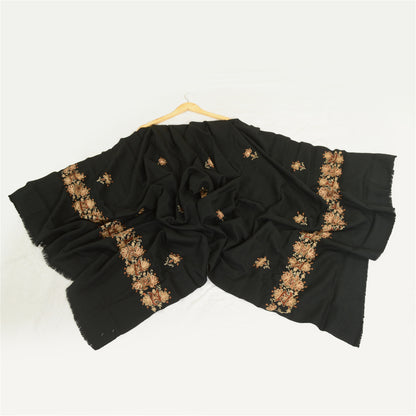 Sanskriti Vintage Long Black Pure Woollen Shawl Hand Embroidered Scarf Stole