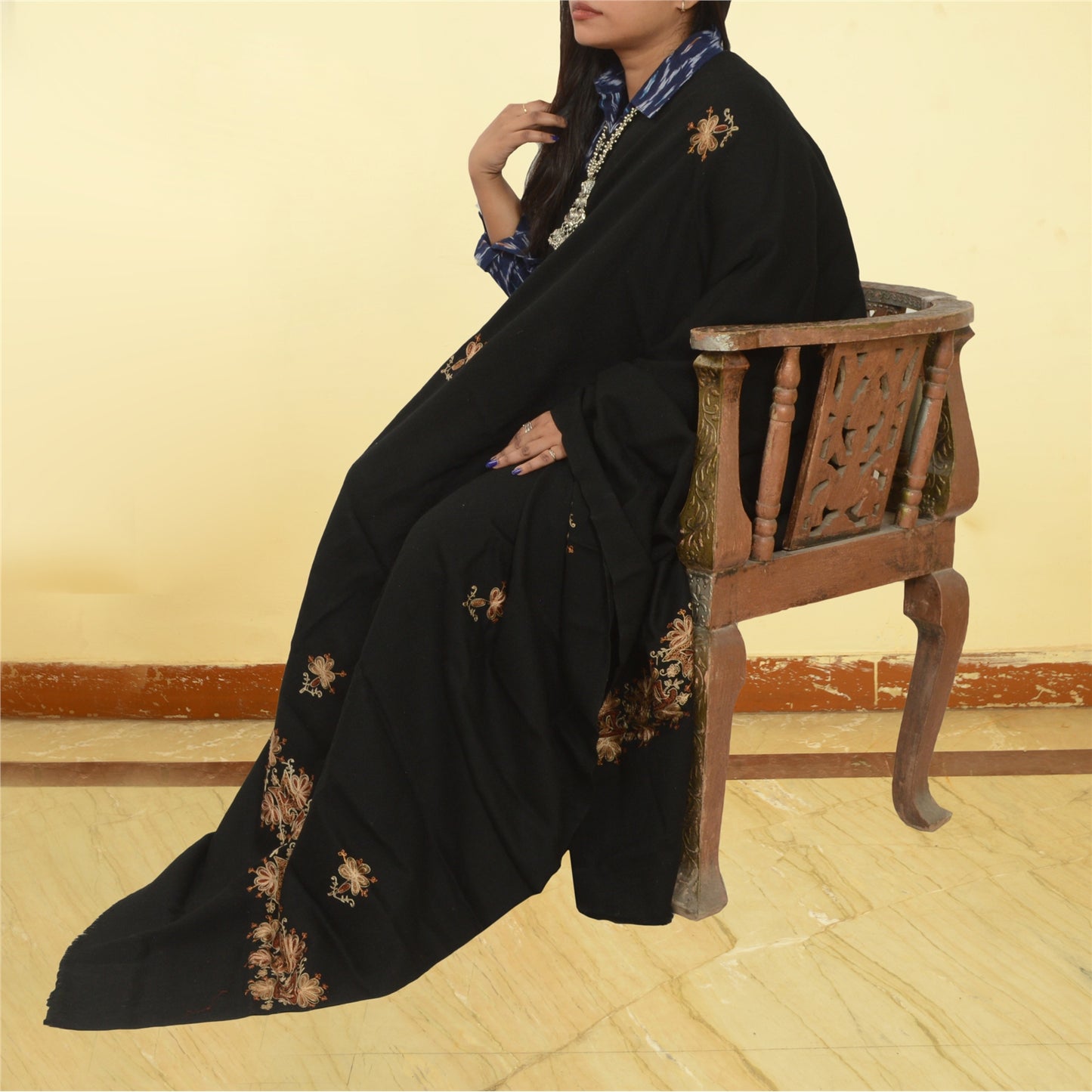 Sanskriti Vintage Long Black Pure Woollen Shawl Hand Embroidered Scarf Stole