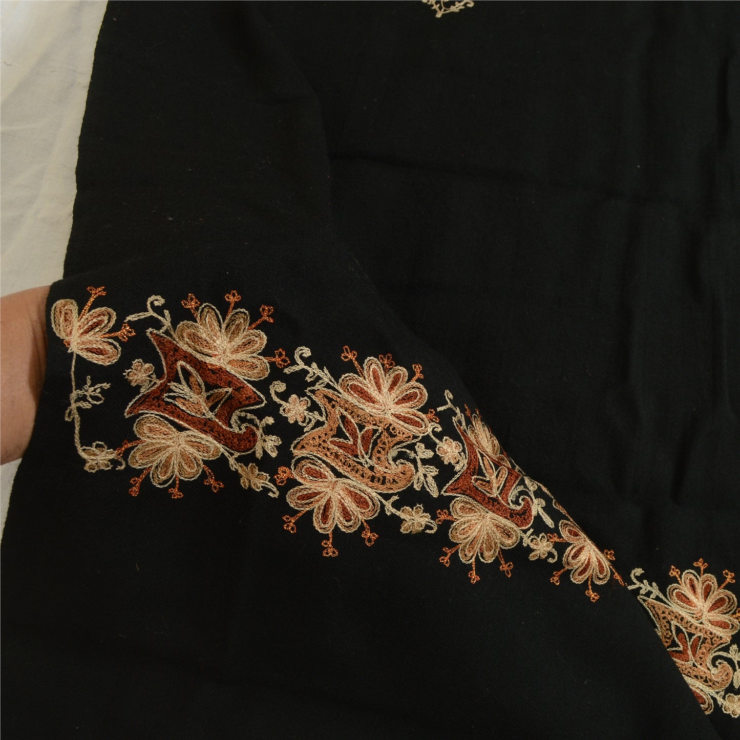 Sanskriti Vintage Long Black Pure Woollen Shawl Hand Embroidered Scarf Stole