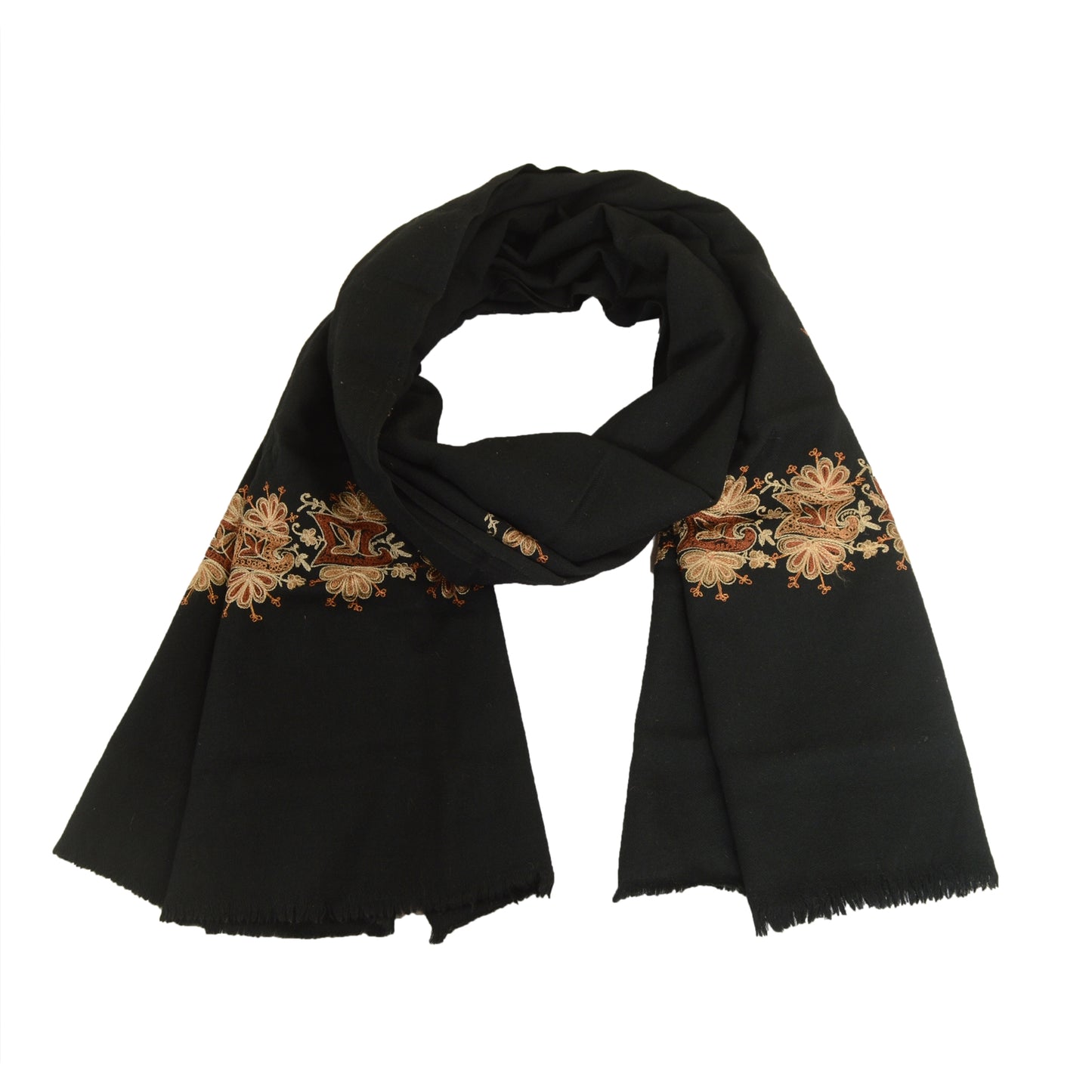 Sanskriti Vintage Long Black Pure Woollen Shawl Hand Embroidered Scarf Stole