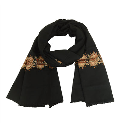 Sanskriti Vintage Long Black Pure Woollen Shawl Hand Embroidered Scarf Stole