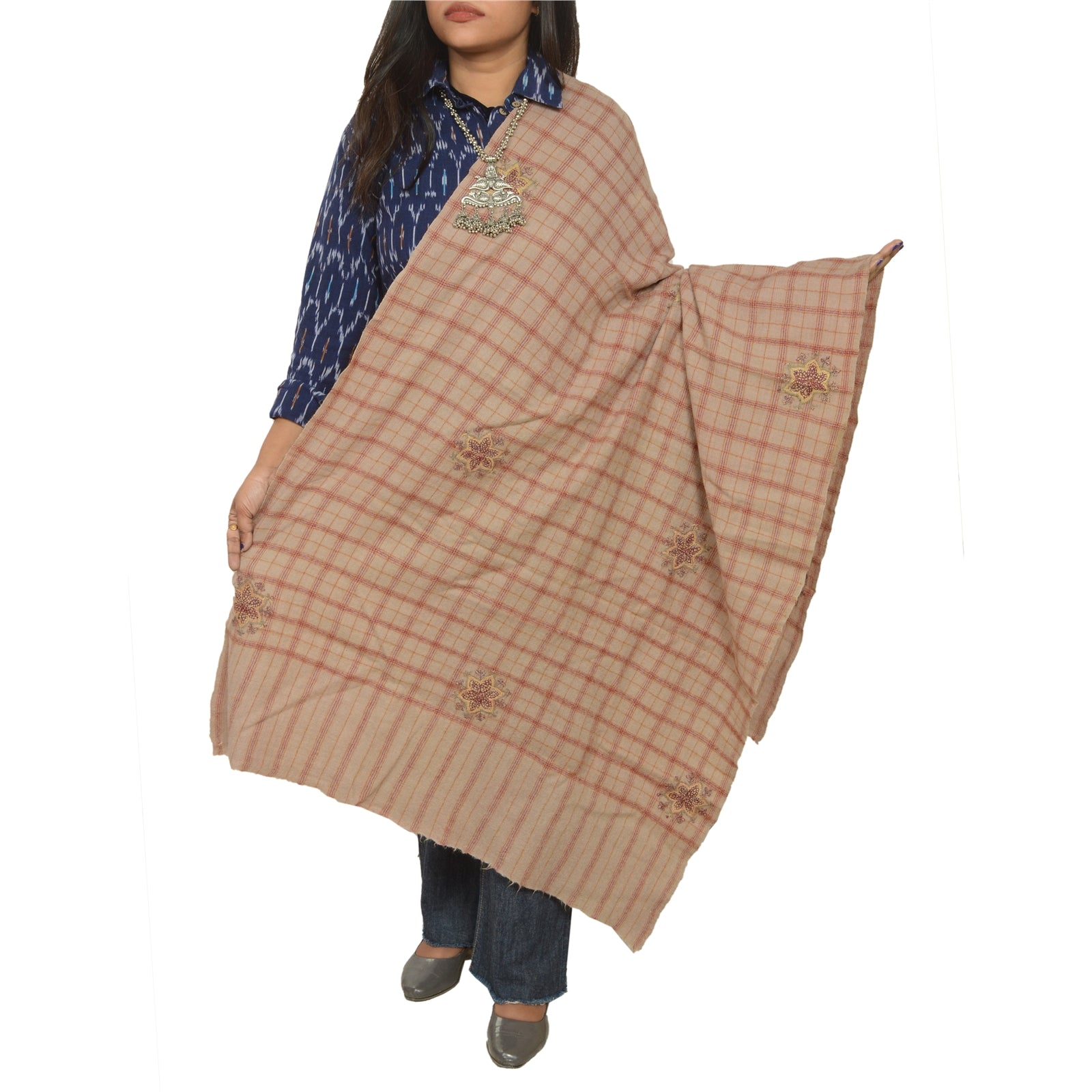 Sanskriti Vintage Long Beige Pure Woolen Shawl Handmade Suzani Scarf Stole