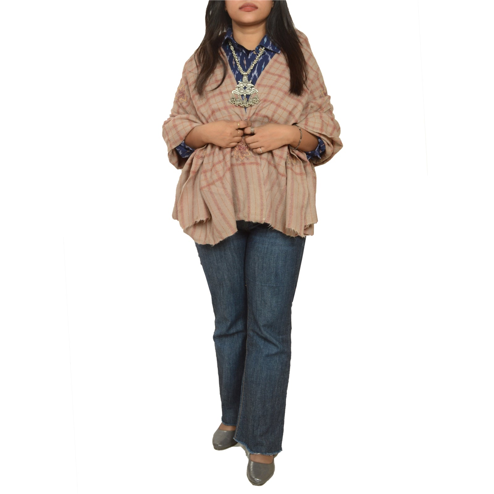 Sanskriti Vintage Long Beige Pure Woolen Shawl Handmade Suzani Scarf Stole