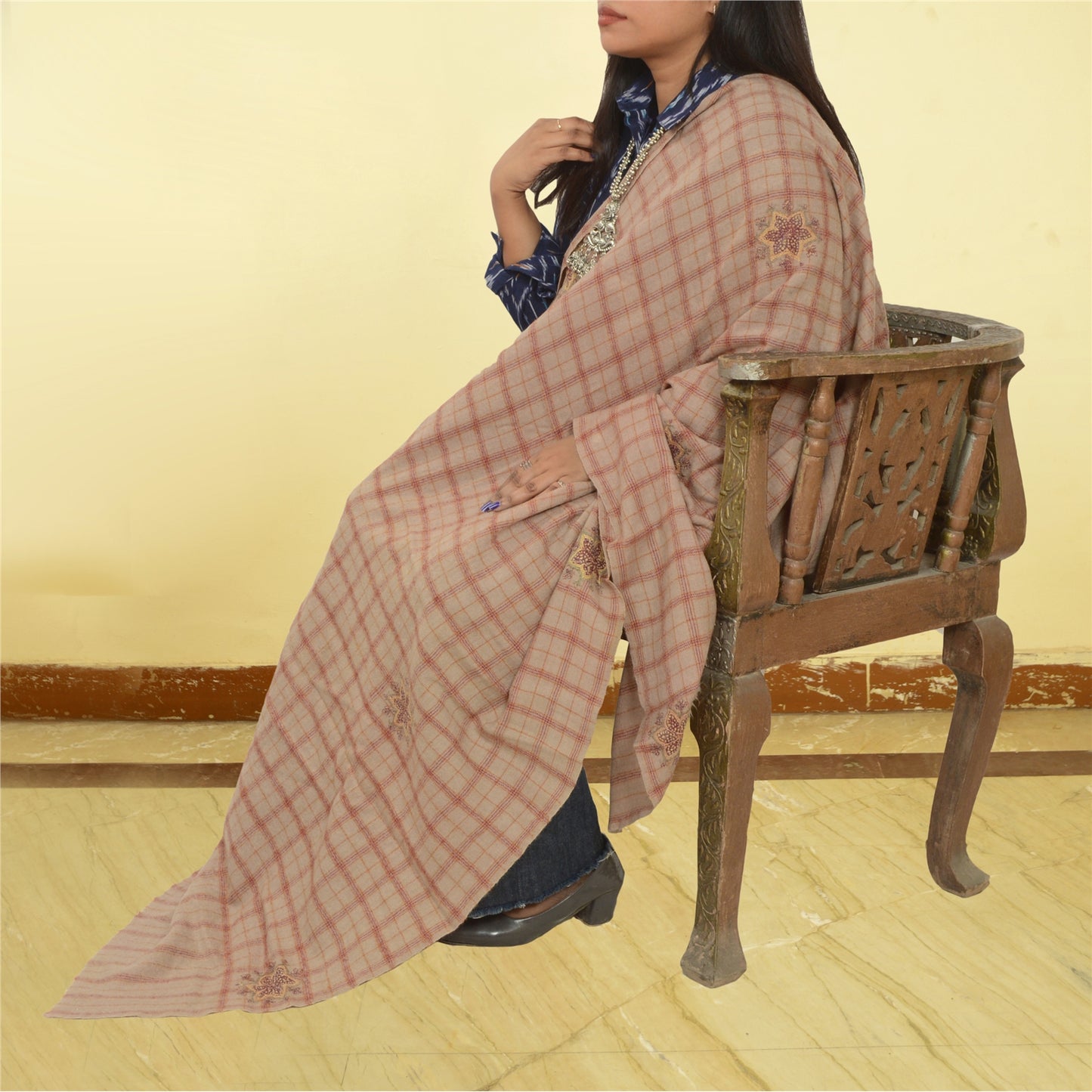 Sanskriti Vintage Long Beige Pure Woolen Shawl Handmade Suzani Scarf Stole
