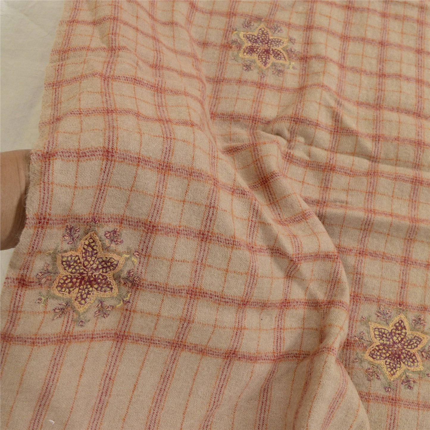 Sanskriti Vintage Long Beige Pure Woolen Shawl Handmade Suzani Scarf Stole