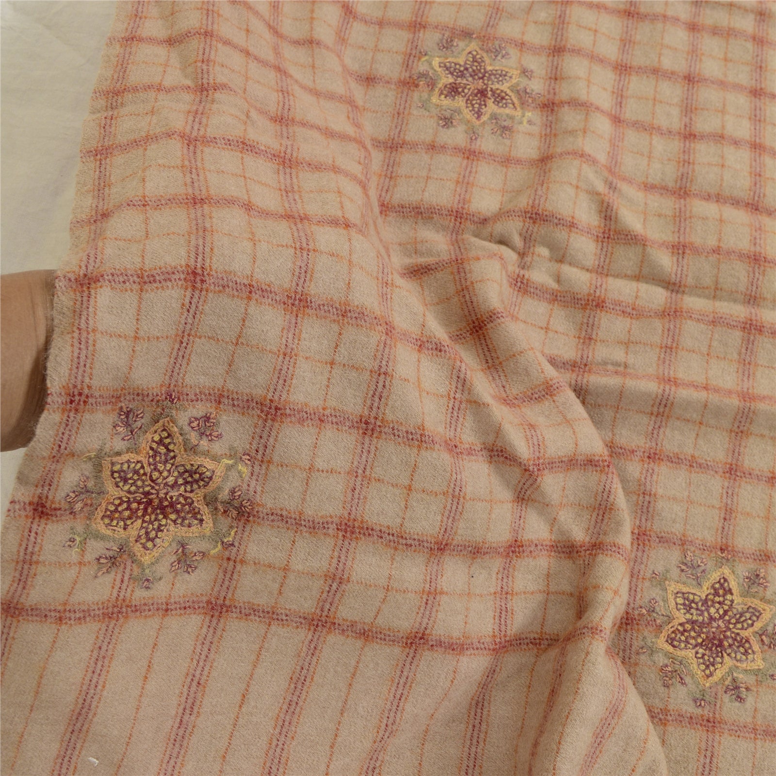 Sanskriti Vintage Long Beige Pure Woolen Shawl Handmade Suzani Scarf Stole