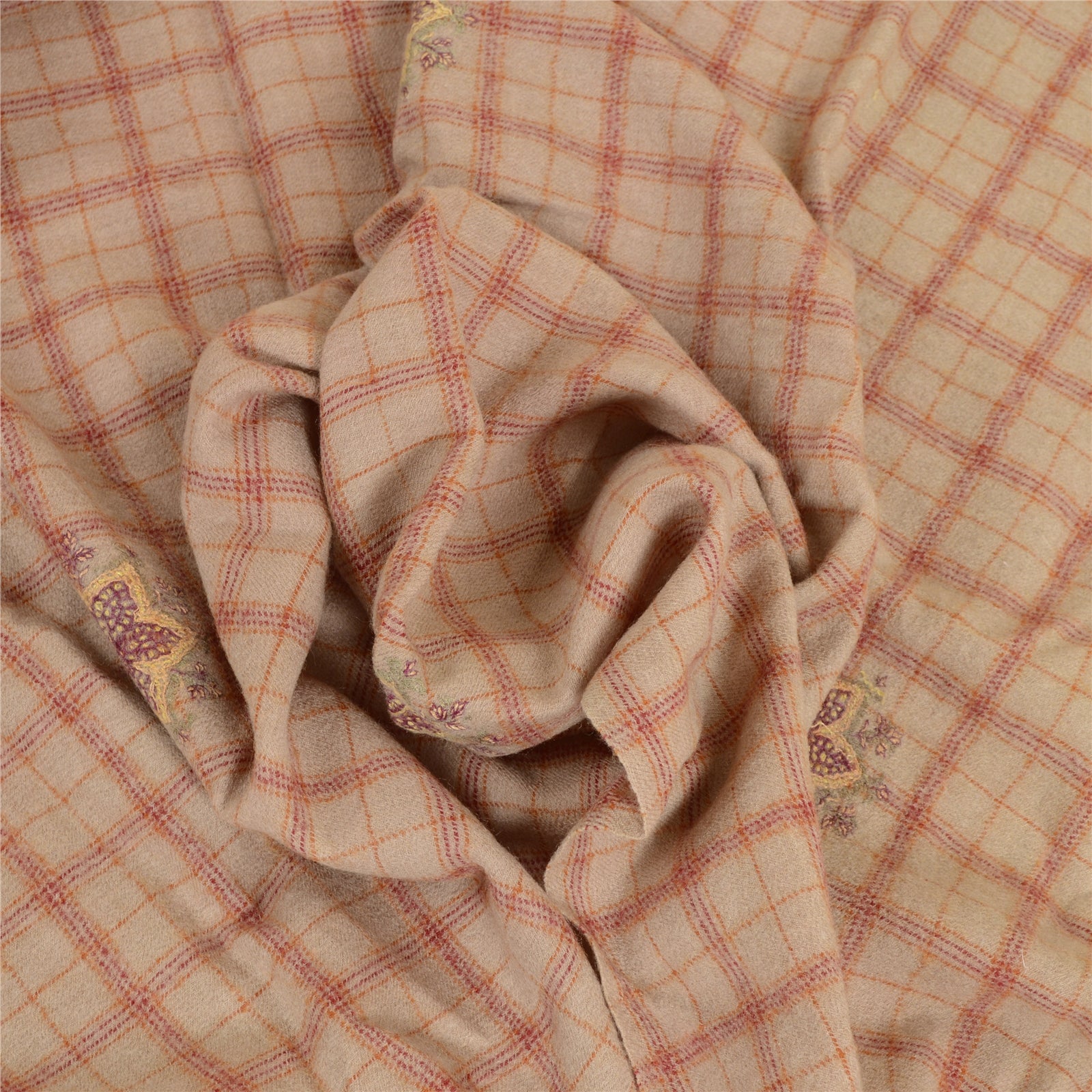 Sanskriti Vintage Long Beige Pure Woolen Shawl Handmade Suzani Scarf Stole