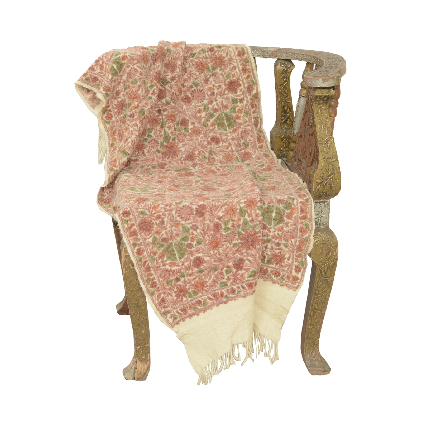 Sanskriti Vintage Long Ivory Pure Woolen Shawl Handmade Ari Work Scarf Stole