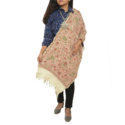 Sanskriti Vintage Long Ivory Pure Woolen Shawl Handmade Ari Work Scarf Stole