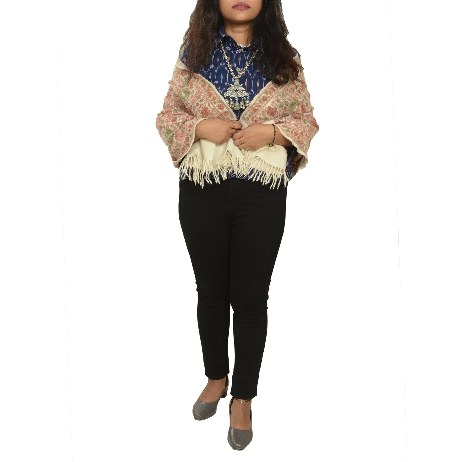 Sanskriti Vintage Long Ivory Pure Woolen Shawl Handmade Ari Work Scarf Stole