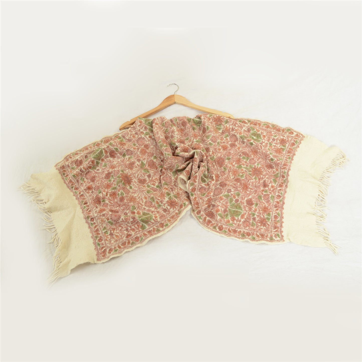 Sanskriti Vintage Long Ivory Pure Woolen Shawl Handmade Ari Work Scarf Stole