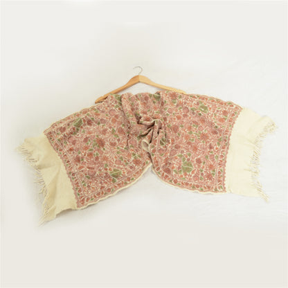 Sanskriti Vintage Long Ivory Pure Woolen Shawl Handmade Ari Work Scarf Stole