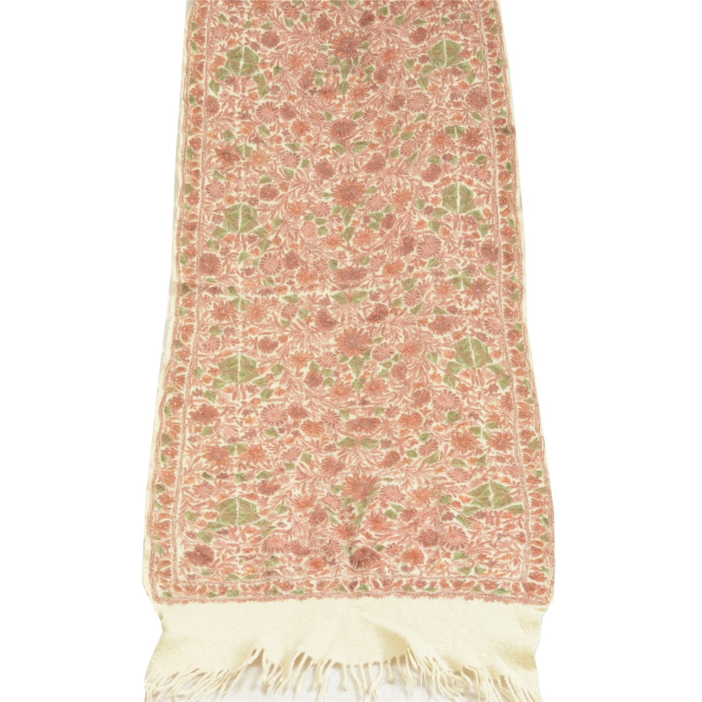 Sanskriti Vintage Long Ivory Pure Woolen Shawl Handmade Ari Work Scarf Stole