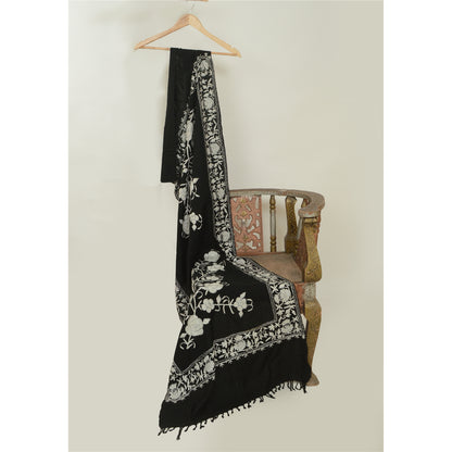 Sanskriti Vintage Long Black Pure Woollen Shawl Handmade Ari Work Scarf Stole
