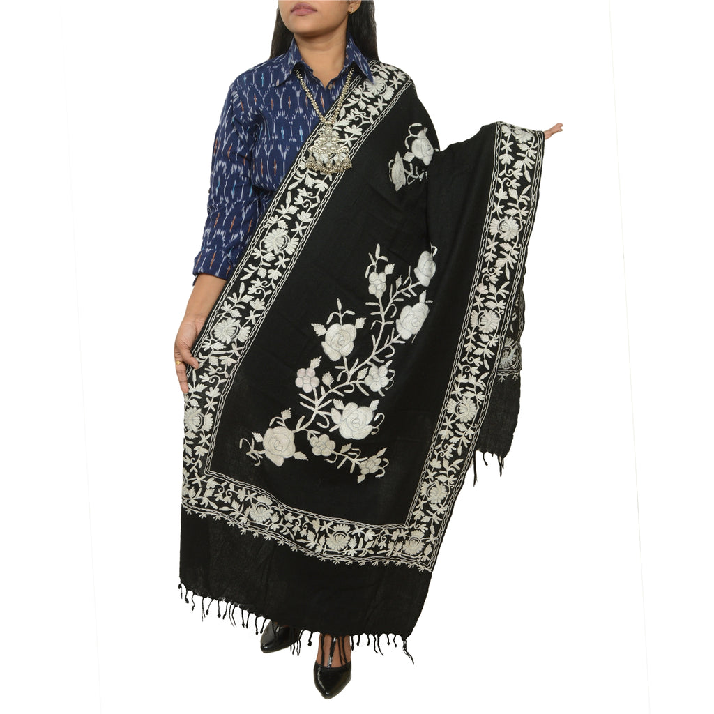 Sanskriti Vintage Long Black Pure Woollen Shawl Handmade Ari Work Scarf Stole