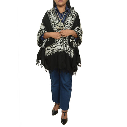 Sanskriti Vintage Long Black Pure Woollen Shawl Handmade Ari Work Scarf Stole