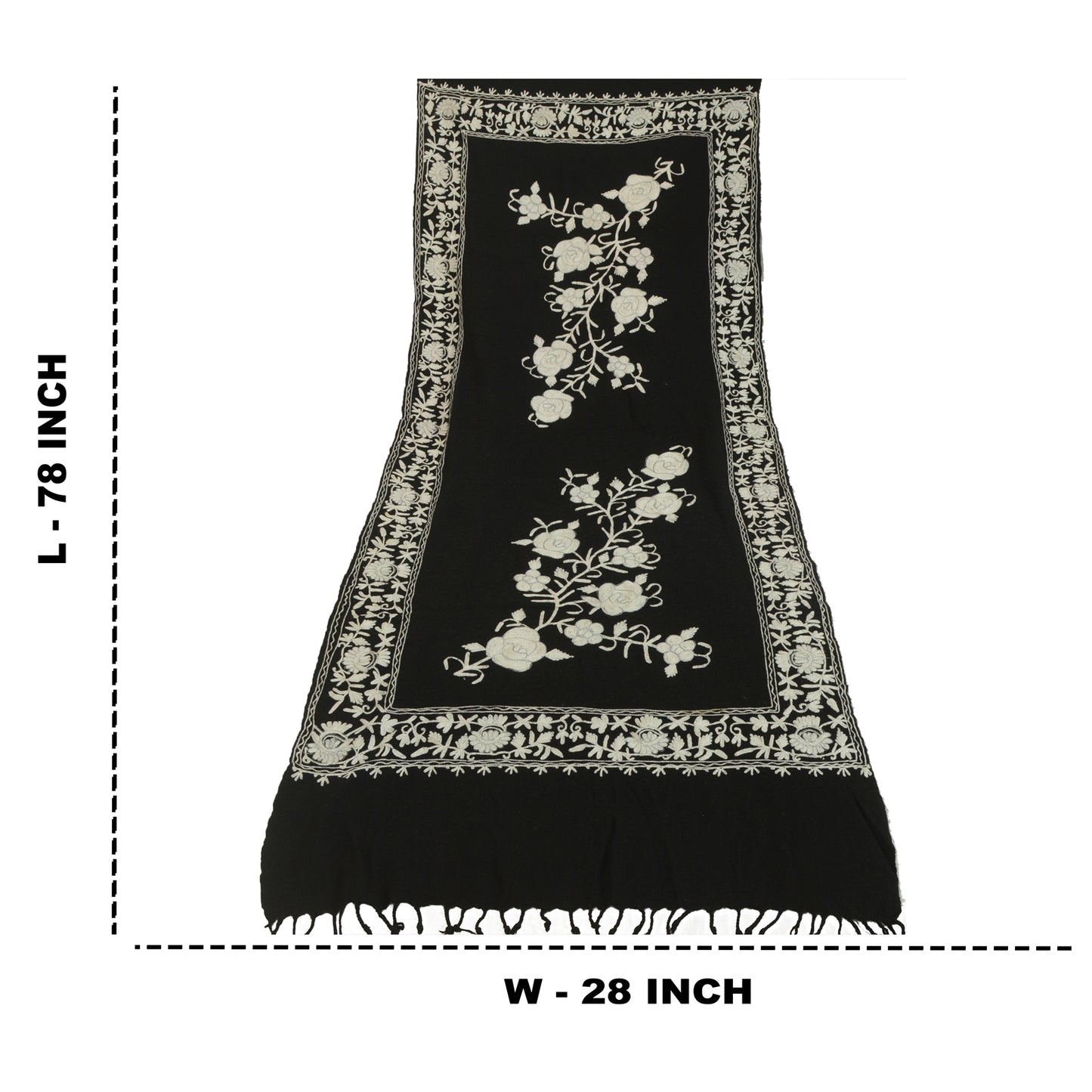 Sanskriti Vintage Long Black Pure Woollen Shawl Handmade Ari Work Scarf Stole