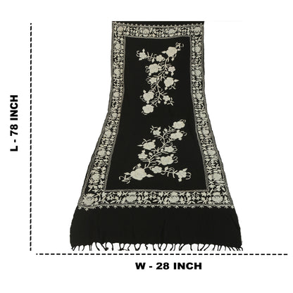 Sanskriti Vintage Long Black Pure Woollen Shawl Handmade Ari Work Scarf Stole