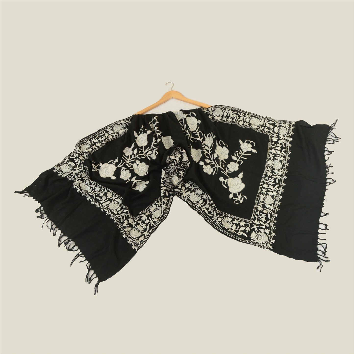 Sanskriti Vintage Long Black Pure Woollen Shawl Handmade Ari Work Scarf Stole