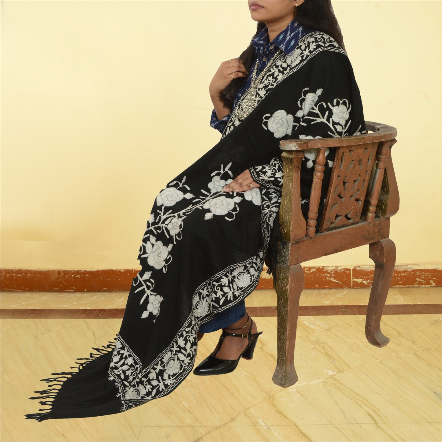 Sanskriti Vintage Long Black Pure Woollen Shawl Handmade Ari Work Scarf Stole