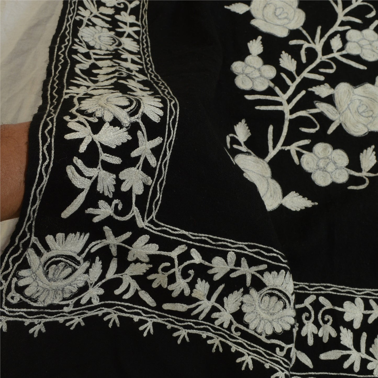 Sanskriti Vintage Long Black Pure Woollen Shawl Handmade Ari Work Scarf Stole