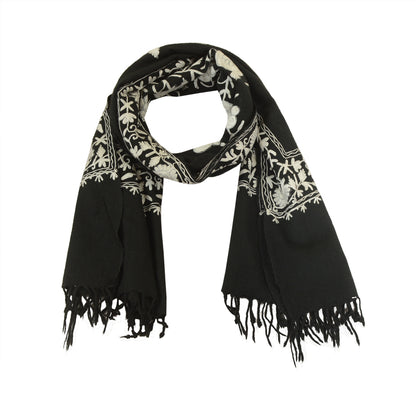 Sanskriti Vintage Long Black Pure Woollen Shawl Handmade Ari Work Scarf Stole