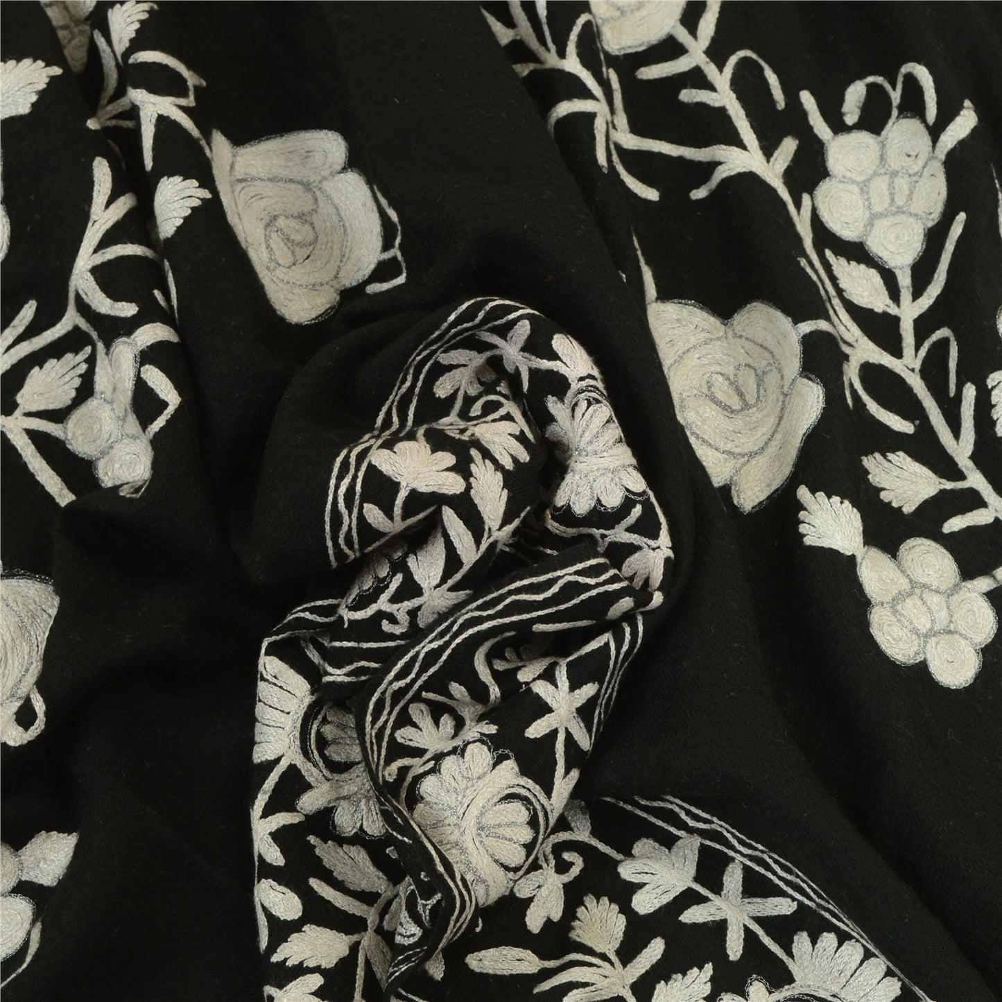 Sanskriti Vintage Long Black Pure Woollen Shawl Handmade Ari Work Scarf Stole