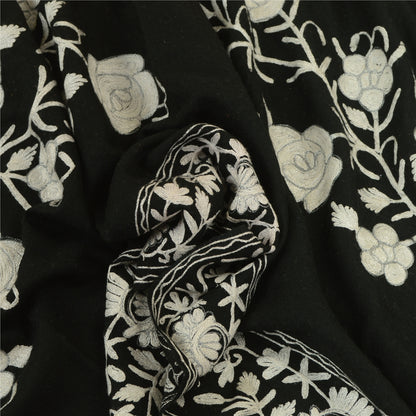 Sanskriti Vintage Long Black Pure Woollen Shawl Handmade Ari Work Scarf Stole