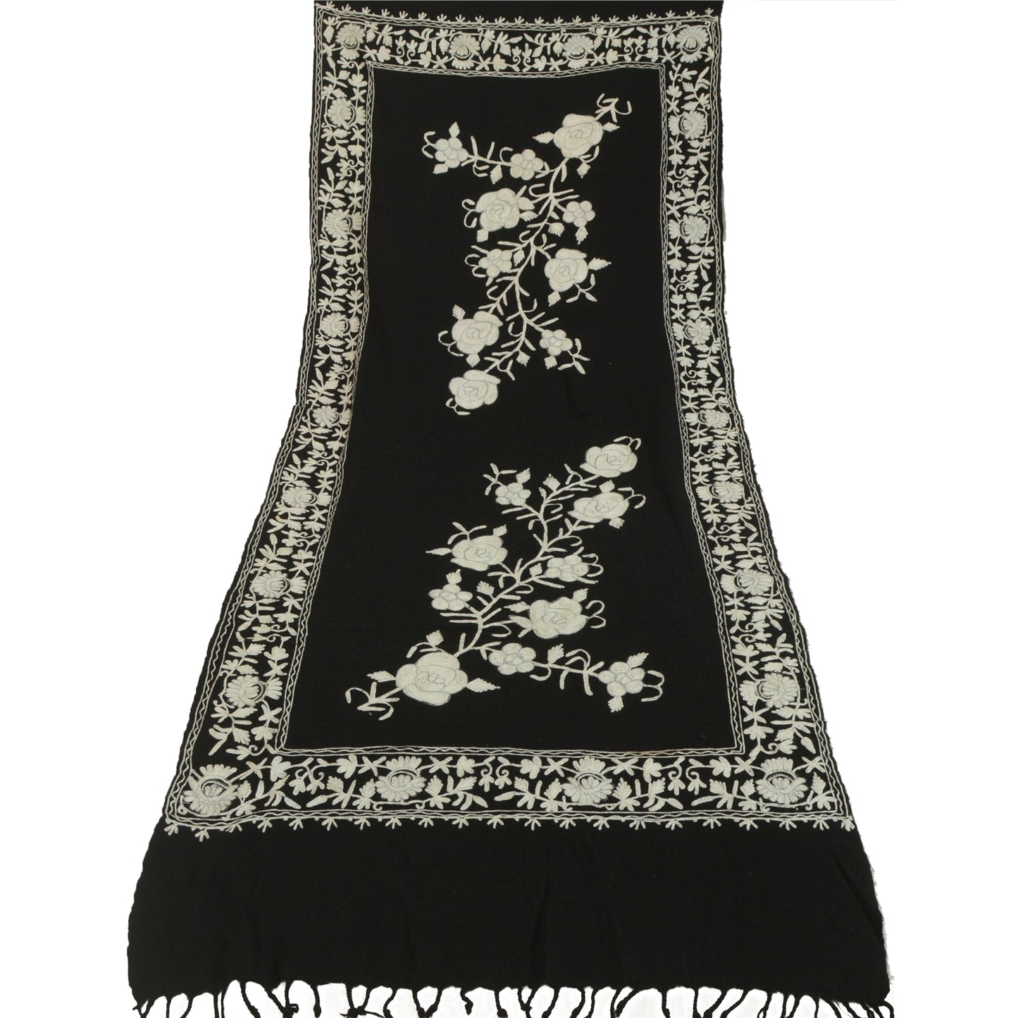 Sanskriti Vintage Long Black Pure Woollen Shawl Handmade Ari Work Scarf Stole