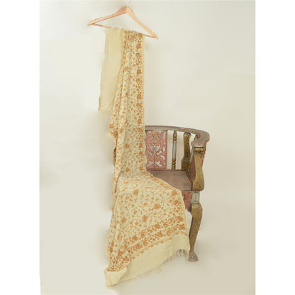 Sanskriti Vintage Long Ivory Pure Woollen Shawl Handmade Ari Work Scarf Stole