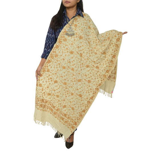 Sanskriti Vintage Long Ivory Pure Woollen Shawl Handmade Ari Work Scarf Stole