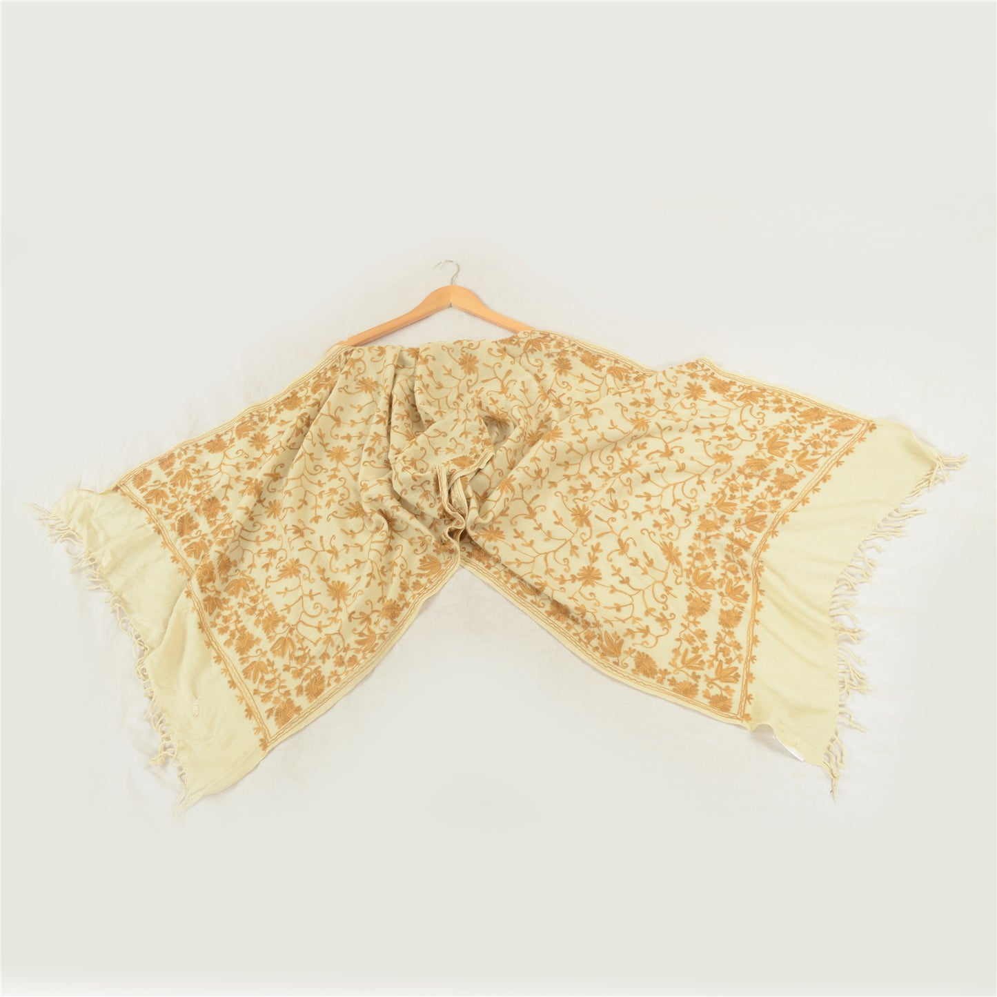 Sanskriti Vintage Long Ivory Pure Woollen Shawl Handmade Ari Work Scarf Stole