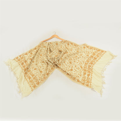 Sanskriti Vintage Long Ivory Pure Woollen Shawl Handmade Ari Work Scarf Stole