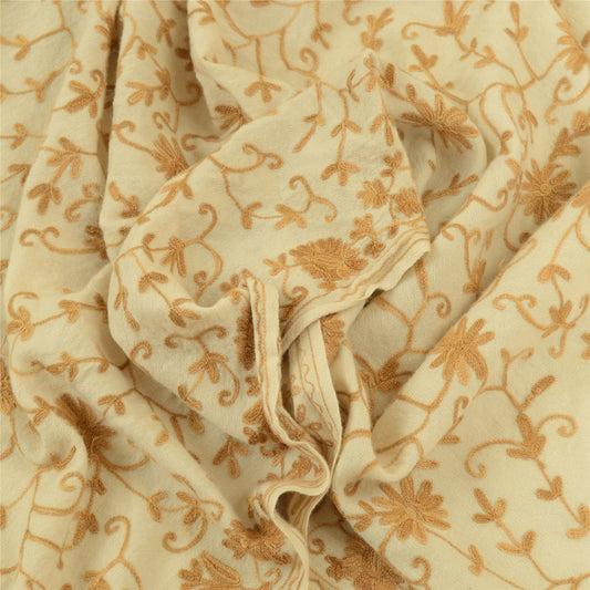 Sanskriti Vintage Long Ivory Pure Woollen Shawl Handmade Ari Work Scarf Stole