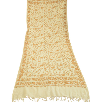 Sanskriti Vintage Long Ivory Pure Woollen Shawl Handmade Ari Work Scarf Stole