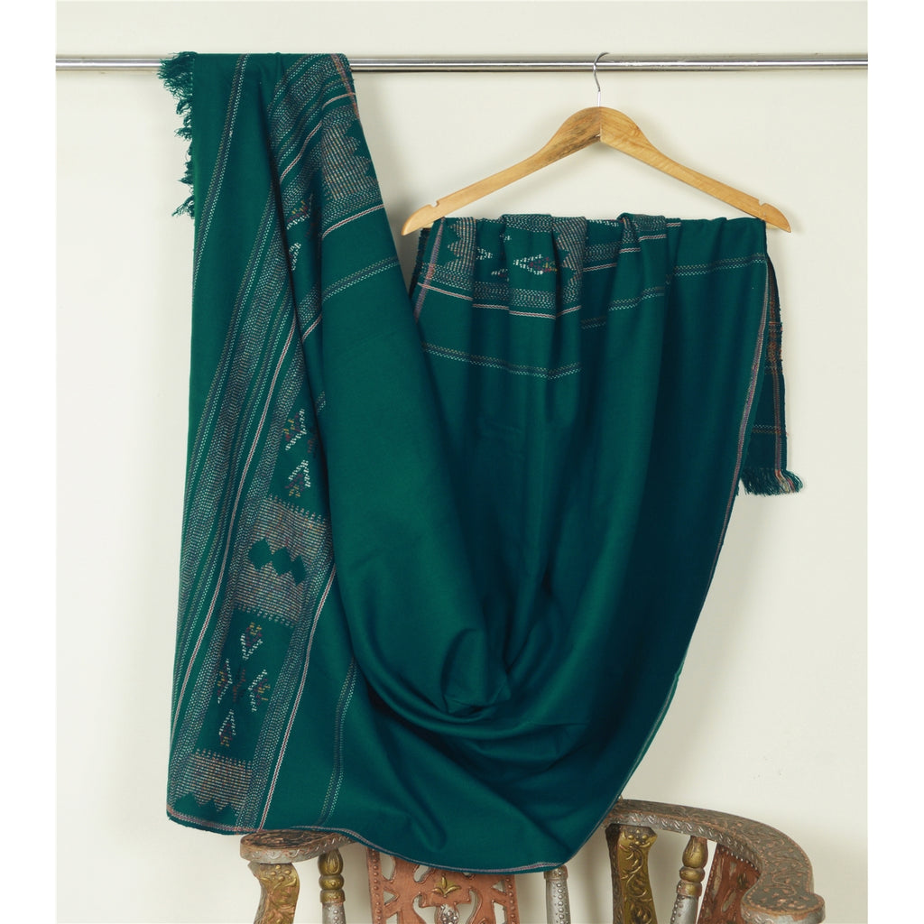 Sanskriti Vintage Long Green Pure Woolen Shawl Hand-Woven Scarf Throw Stole