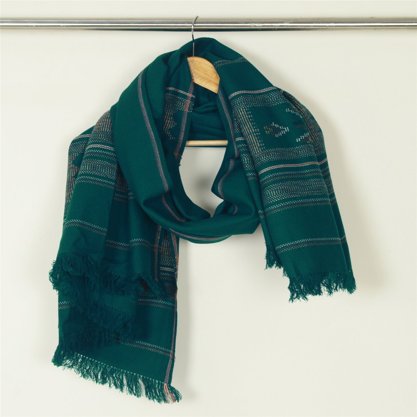 Sanskriti Vintage Long Green Pure Woolen Shawl Hand-Woven Scarf Throw Stole