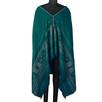 Sanskriti Vintage Long Green Pure Woolen Shawl Hand-Woven Scarf Throw Stole
