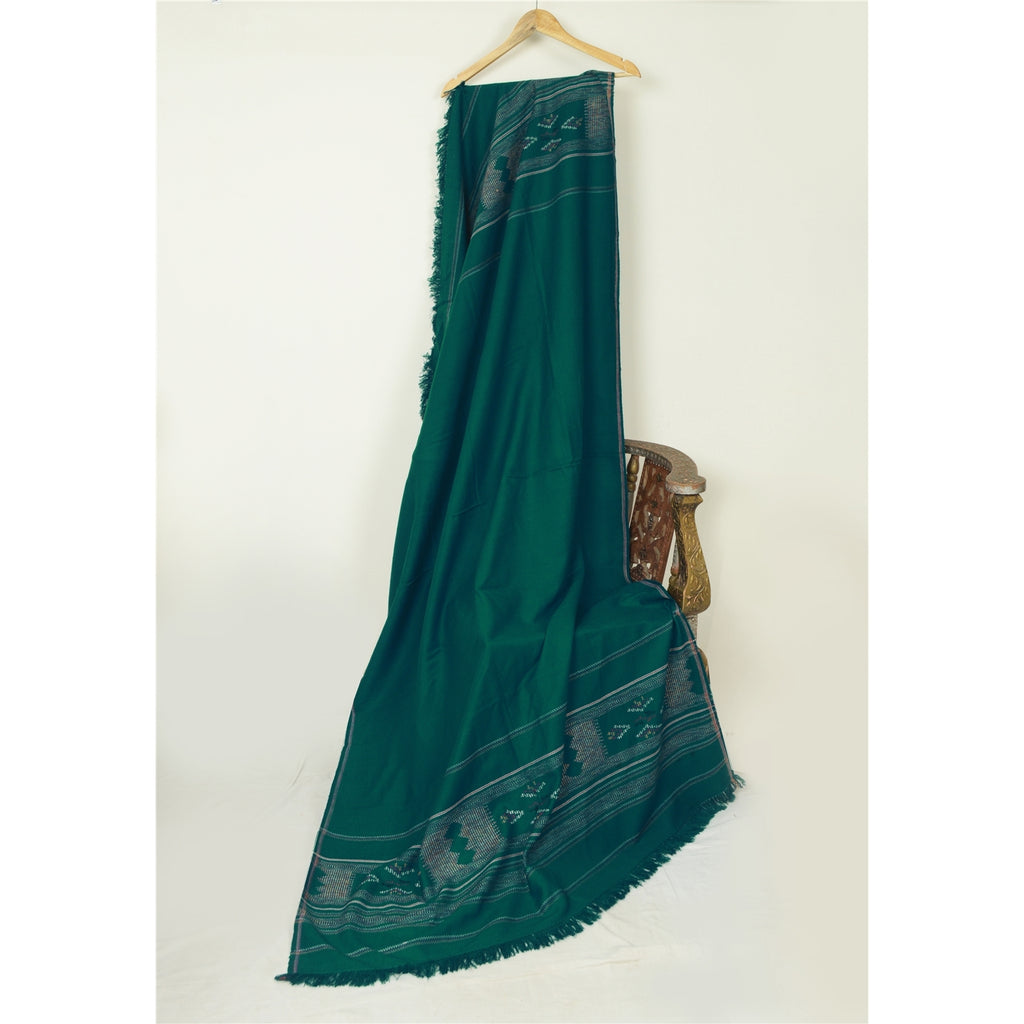 Sanskriti Vintage Long Green Pure Woolen Shawl Hand-Woven Scarf Throw Stole