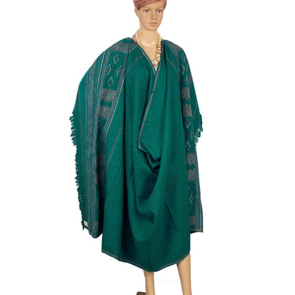 Sanskriti Vintage Long Green Pure Woolen Shawl Hand-Woven Scarf Throw Stole
