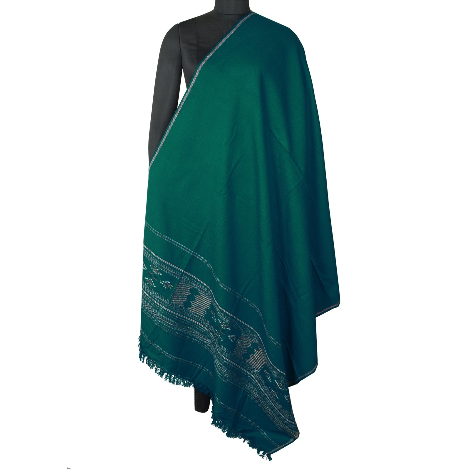 Sanskriti Vintage Long Green Pure Woolen Shawl Hand-Woven Scarf Throw Stole
