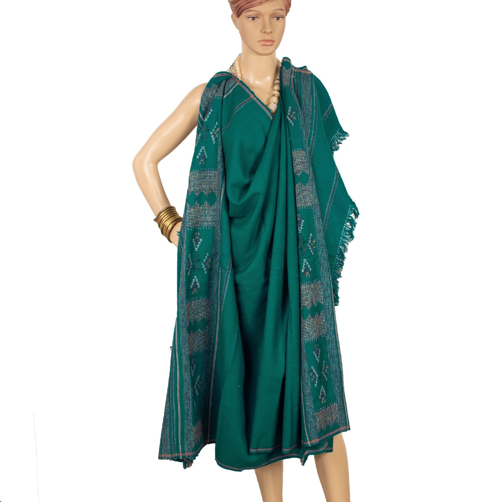 Sanskriti Vintage Long Green Pure Woolen Shawl Hand-Woven Scarf Throw Stole