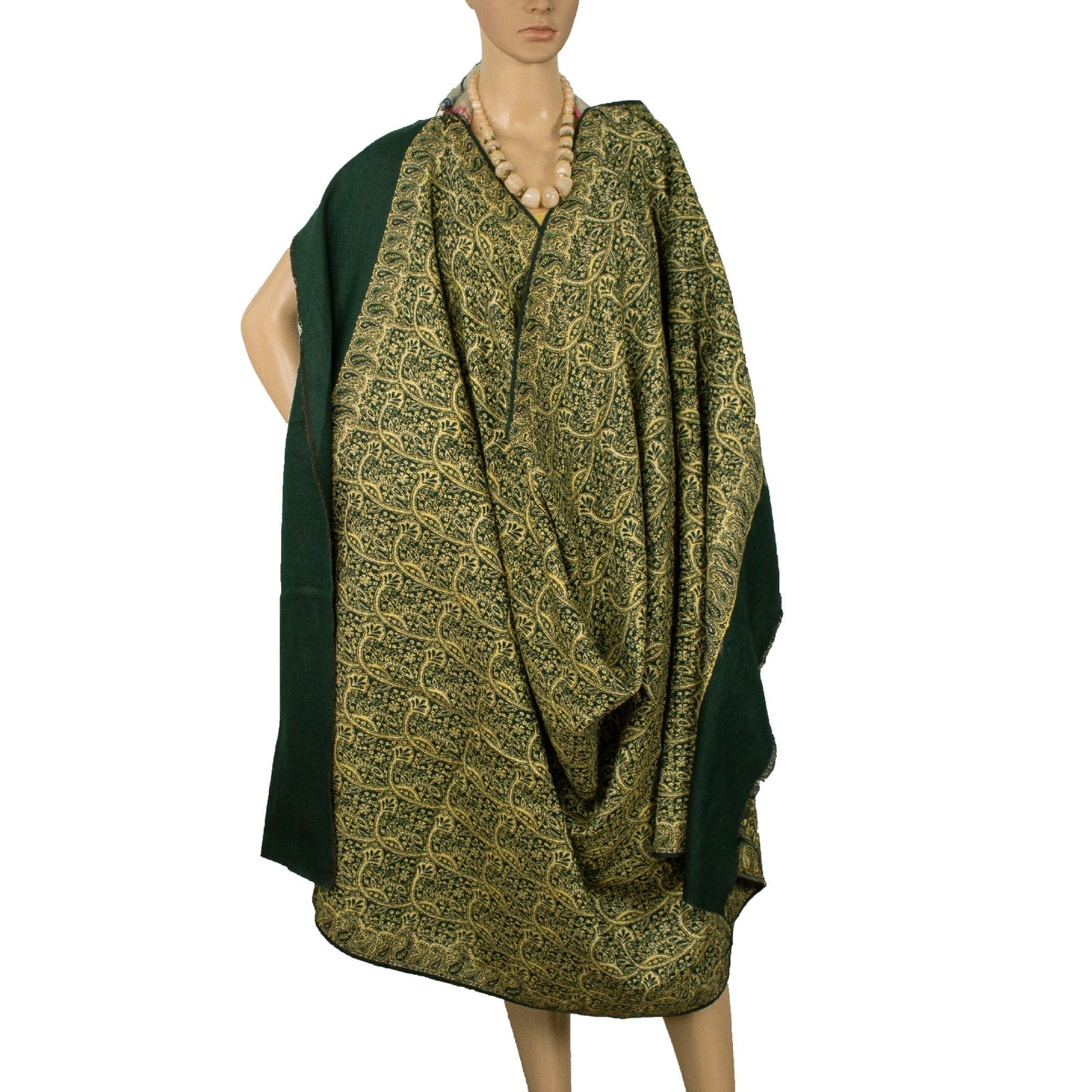 Sanskriti Vintage Green Long Pure Woolen Shawl Woven Reversible Scarf Stole