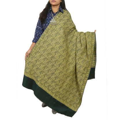 Sanskriti Vintage Green Long Pure Woolen Shawl Woven Reversible Scarf Stole