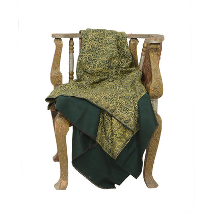 Sanskriti Vintage Green Long Pure Woolen Shawl Woven Reversible Scarf Stole