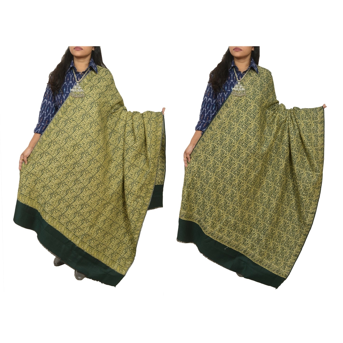 Sanskriti Vintage Green Long Pure Woolen Shawl Woven Reversible Scarf Stole