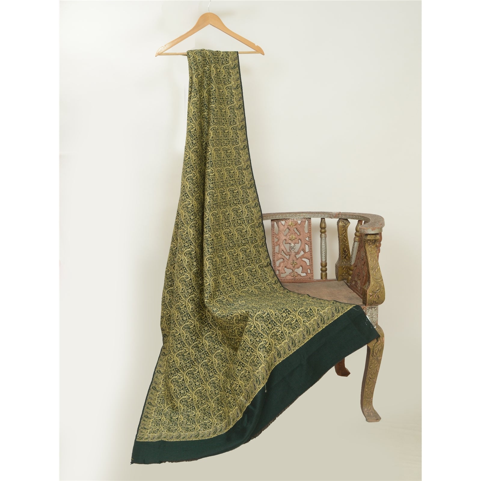 Sanskriti Vintage Green Long Pure Woolen Shawl Woven Reversible Scarf Stole