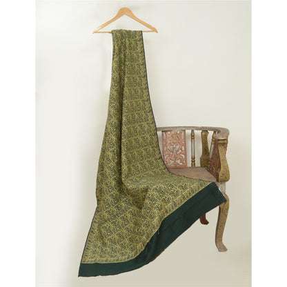 Sanskriti Vintage Green Long Pure Woolen Shawl Woven Reversible Scarf Stole